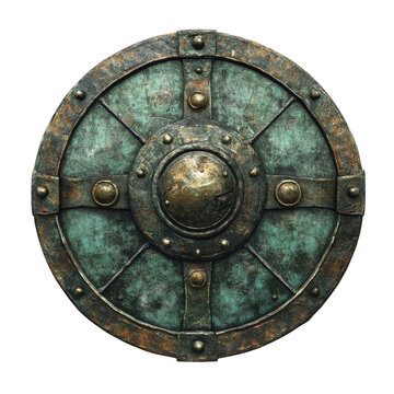 Vintage round shield PNG, weathered metal and teal patina armor prop, medieval fantasy defense emblem for game UI isolated on Transparent Background