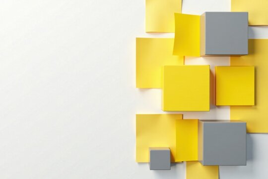 Simple yellow and gray square shapes arranged in a neat grid layout on white background, layout, minimalist, gray