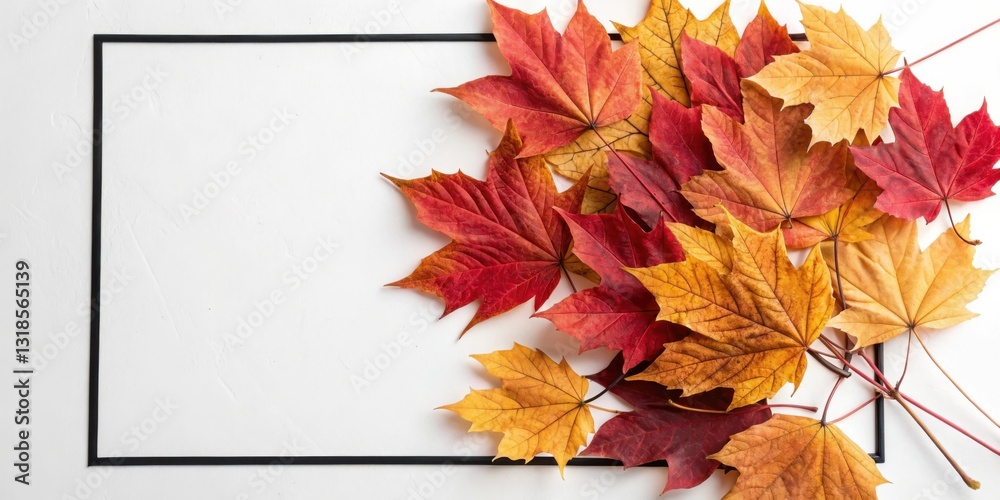 Poster a black frame surrounding a cluster of vibrant autumn leaves, a minimalist background for your creat