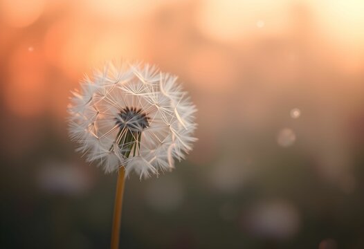 Macro photograph of dandelion seed head, soft focus background, orange sunset glow, ethereal atmosphere, delicate white seeds, bokeh effect, dreamy nature scene, muted teal tones - Powered by Adobe