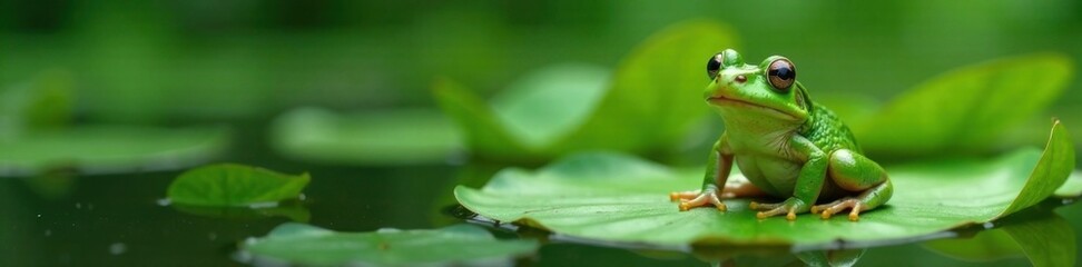 Obraz premium Sitting green frog on lily pad, nature, amphibian, water