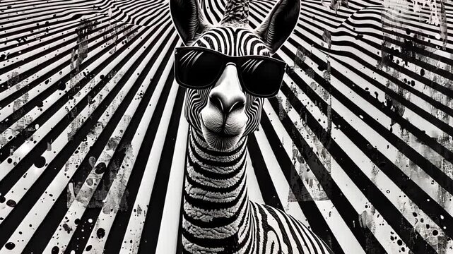 A stylized black-and-white illustration of a llama wearing sunglasses, set against a background of bold striped patterns.