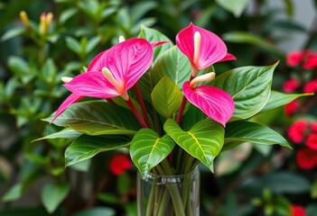 Vibrant pink Anthurium blooms in a glass vase, lush green leaves, garden-inspired arrangement,  texture,  vibrant