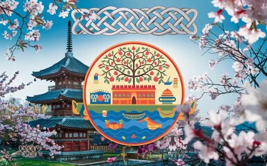 Spring Equinox, Cultural Fusion Japanese Pagoda, Cherry Blossoms, Celtic Knot, Floating Island