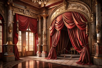 Opulent Ballroom with Arched Windows, Draped Curtains, and Antique Seating