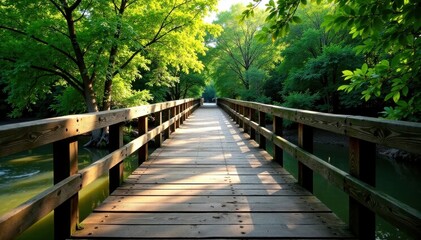 Fototapeta premium Weathered wooden bridge spanning a river, water, grunge, outdoors