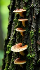 Fototapeta premium Extensive fungal growths and lichens on a large tree trunk, forest, mosses, decay