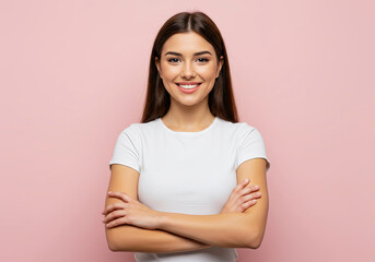Fototapeta premium Happy Self-Assured Woman, standing with crossed arms and smiling.