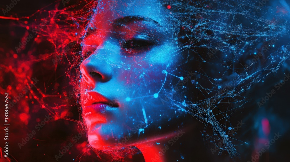 Poster a neural network visualization with deep learning pathways glowing in blue and red hues.