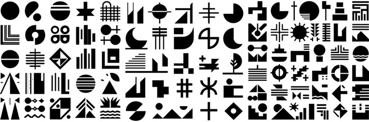 Abstract geometric shapes, refraction glass effects, Y2K aesthetics, Brutalist designs, vintage stickers, and trendy retro symbols.