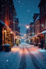 Obraz premium Snowy city street at night with festive lights and Christmas decorations, winter night scene christmas decorations street lights holiday cheer, holiday, winter