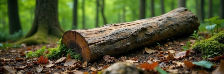 Fototapeta premium Weathered wooden tree trunk on a forest floor, weathered wood, tree, forest landscape