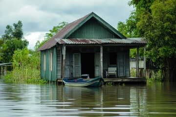 Fototapeta premium Rural house surrounded by rising floodwaters in a tranquil landscape aerial photography nature's unyielding forces flood impact on rural living