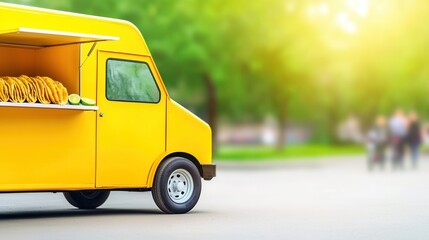 Obraz premium vibrant yellow food truck is parked in sunny park, serving delicious tacos with fresh ingredients. background is blurred, highlighting truck and its offerings