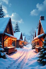 Fototapeta premium Snowy village scene with festive market stalls, candles, snowy village, cozy