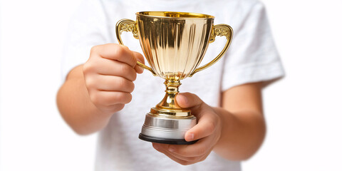 A young child proudly displays a gleaming golden trophy.