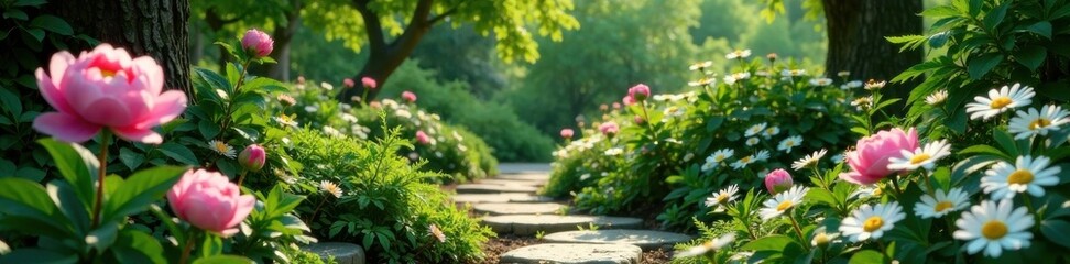 Whimsical garden scene with peonies, daisies, and ferns amidst lush green foliage and stone pathways , garden pathway, fern, stone