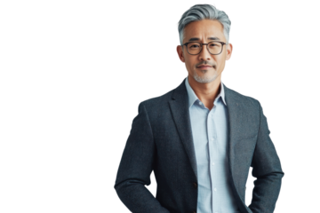 confident man stylish suit stands with relaxed posture, showcasing modern and professional look. His gray hair and glasses add to his distinguished appearance, making him suitable for various