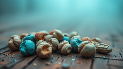 Extreme macro close-up of sculpted clay mixed nuts on a rustic wooden surface. Thick fog, warm terracotta and cool teal contrast. Earthy and cool color palette, low visibility, small subject detail.