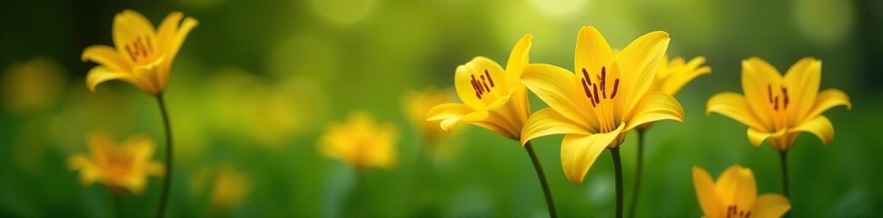 Delicate lily flowers in a garden with water droplets, summer, yellow flowers, water drops