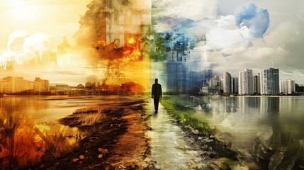 Climate change awareness art depicts a man walking towards a ravaged city. A dystopian future is shown. AI generated