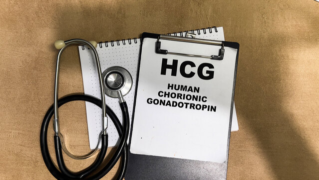 Concept of HCG - Human Chorionic Gonadotropin write on paperwork isolated on Wooden Table.