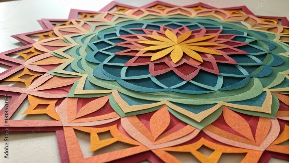 Poster intricate papercut mandala in a rainbow of hues, a tapestry of layers and patterns