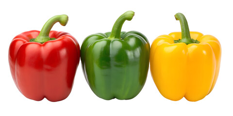 Three Different Bell Peppers on White, Red, Green, and Yellow Peppers, Colorful Vegetable Display, Cut Out