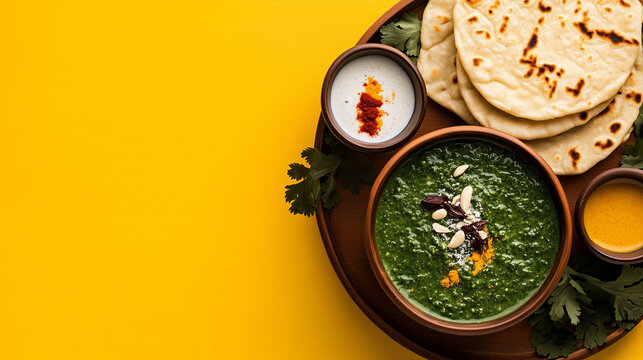 A traditional feast flatlay with sarson da saag, makki di roti, and a glass of lassi, placed on a bright yellow background.
