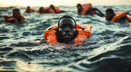 plusieurs migrants sauvetage en mer. IA GENERATED