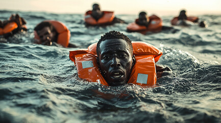 migrant dans l'eau avec gilet de sauvetage - IA Generated