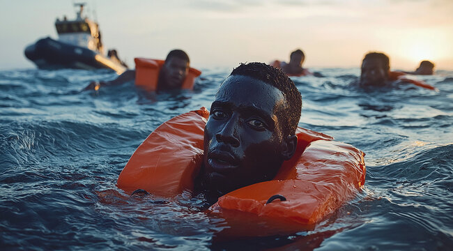 gardes c&ocirc;tes et migrants en mer - IA generated