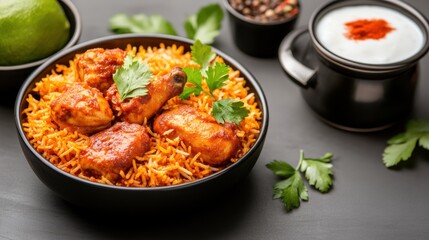 Fototapeta premium A vibrant bowl of chicken biryani garnished with coriander, served with yogurt sauce, lime, and spices on a dark surface.