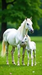 Fototapeta premium White unicorn mare and foal in a lush green meadow, landscape, free