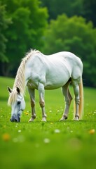 Obraz premium White unicorn mare grazing in green meadow, unicorn, sunlight, horse
