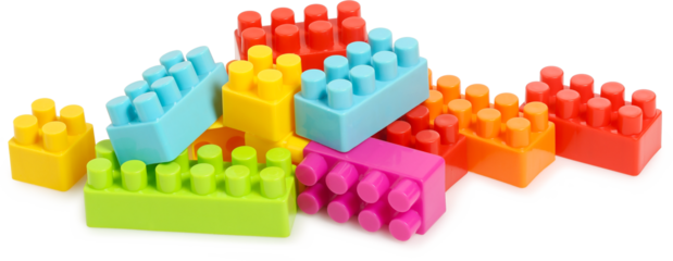 variety of colourful plastic toy blocks isolated