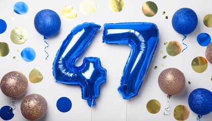 Blue balloon number 47 for forty-seventh birthday or anniversary party. White background with confetti