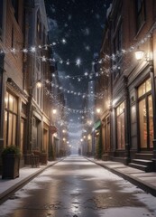 Winter festive snowflakes gently falling on a decorated city street, festive decorations, winter snowfall