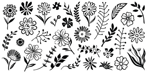 Fototapeta premium Hand drawn plant elements, flowers and leaves, isolated on white background, vector design