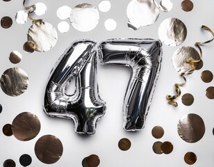 Silver balloon number 47 for forty-seventh birthday or anniversary party. White background with confetti