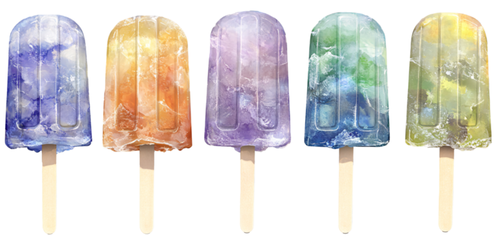 Five vibrant rainbow popsicles, each with a unique color combination and marble texture.