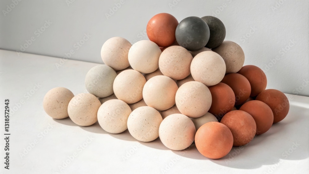 Poster a pyramid arrangement of smooth, rounded, and textured spheres in various shades of brown, beige, an