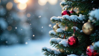 Winter snowflakes gently falling on a decorated tree, festive, Christmas tree, frosty