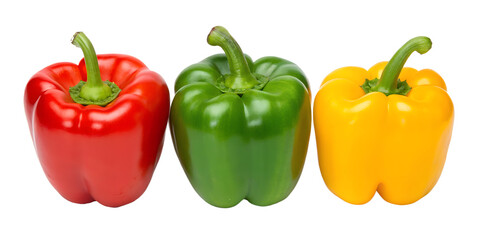 Red, Green, and Yellow Bell Peppers on White, Fresh Colorful Vegetables, Healthy Food Display, Cut Out