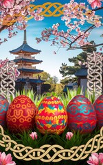 Fototapeta premium Spring Equinox, Cultural Fusion Easter Eggs in a Japanese Garden (1)