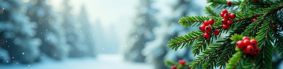 Obraz premium Evergreen fir branches with red berries against a winter Christmas background, fir branches, holiday, berries