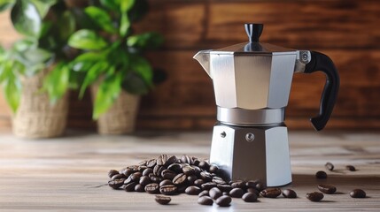 Classic Stovetop Coffee Maker with Fresh Coffee Beans Background