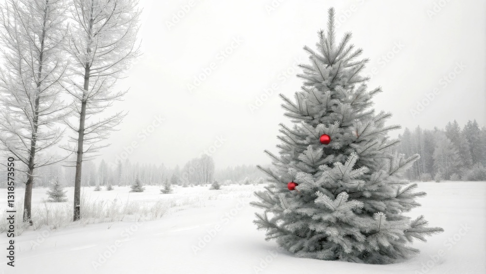 Aufkleber A frosted Christmas tree adorned with red ornaments stands in a snowy field, surrounded by bare trees and a misty forest in the background.