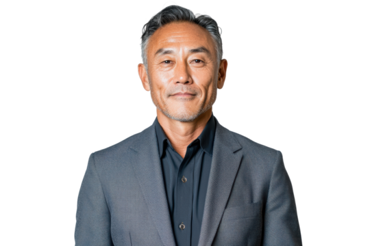 Professional man in gray suit with confident expression, showcasing leadership and experience in corporate setting