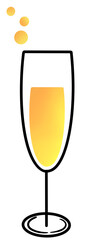 Minimalist style illustration of a champagne glass with a golden drink inside. The glass is tall and has a narrow base. It is suitable for use as an icon or to decorate graphics, parties, celebrations